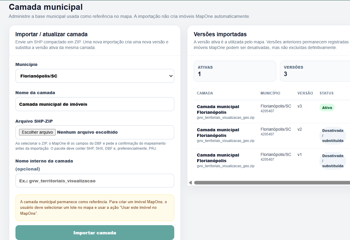 Tela de gestão da camada municipal MapOne