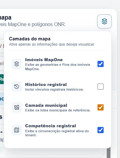 Tela do MapOne: Histórico registral