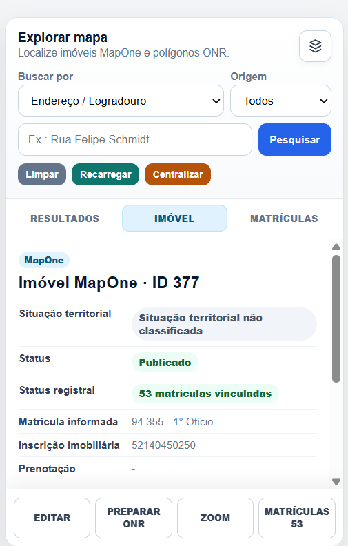 Painel lateral do explorar mapa com situação territorial, status e botões de ação