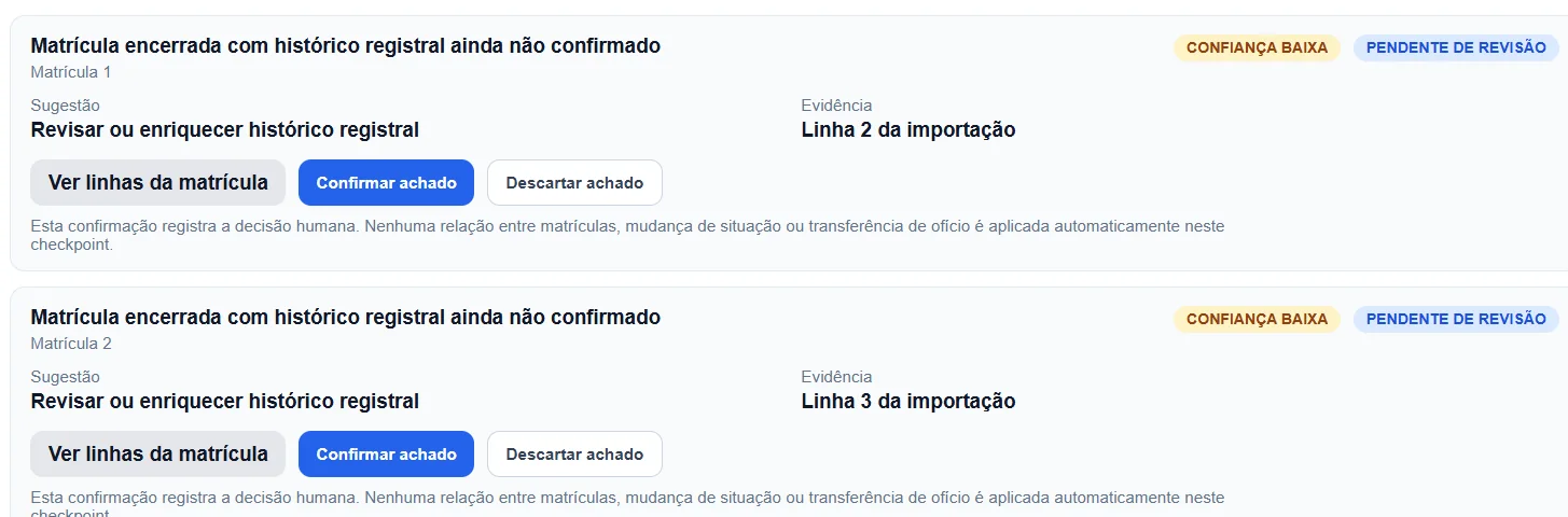 Tela de achados registrais com revisão e confirmação humana