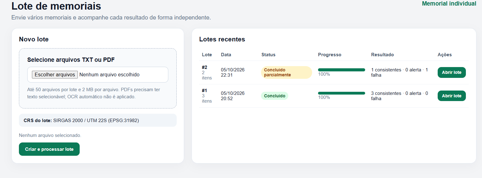 Tela de lote de memoriais com progresso e resultados por arquivo