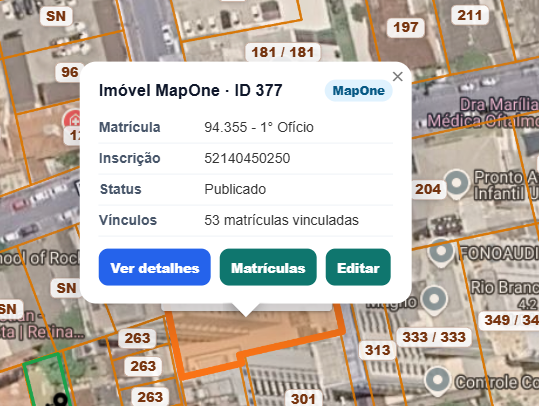 Informações do imóvel MapOne com ações de detalhes, matrículas e edição