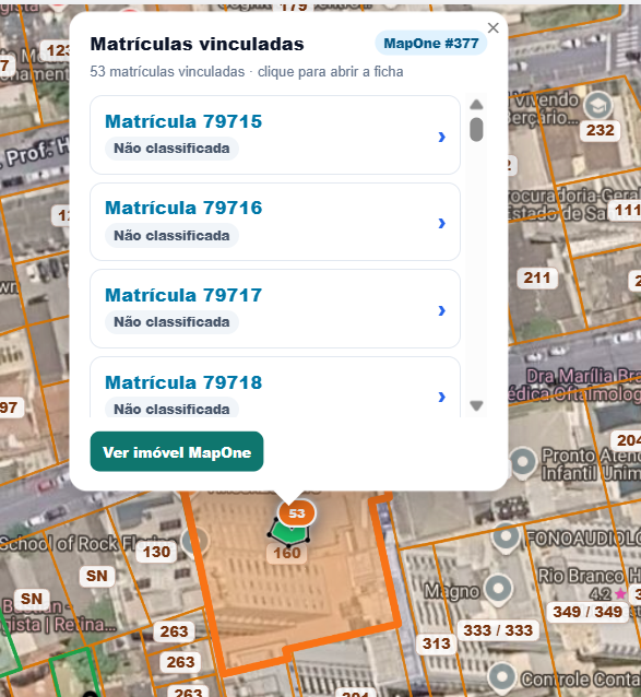 Lista de matrículas vinculadas acessível a partir do pin do imóvel