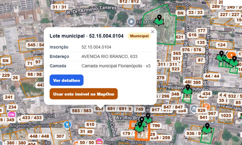 Informações do lote municipal com ação para usar o imóvel no MapOne